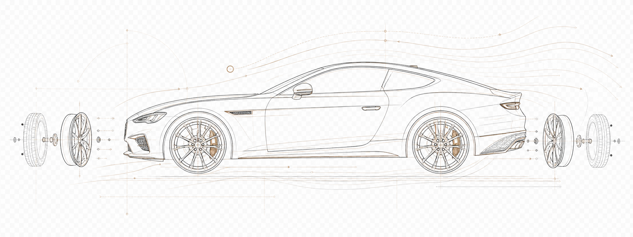 Technical line illustration showing a luxury car and separated wheel components